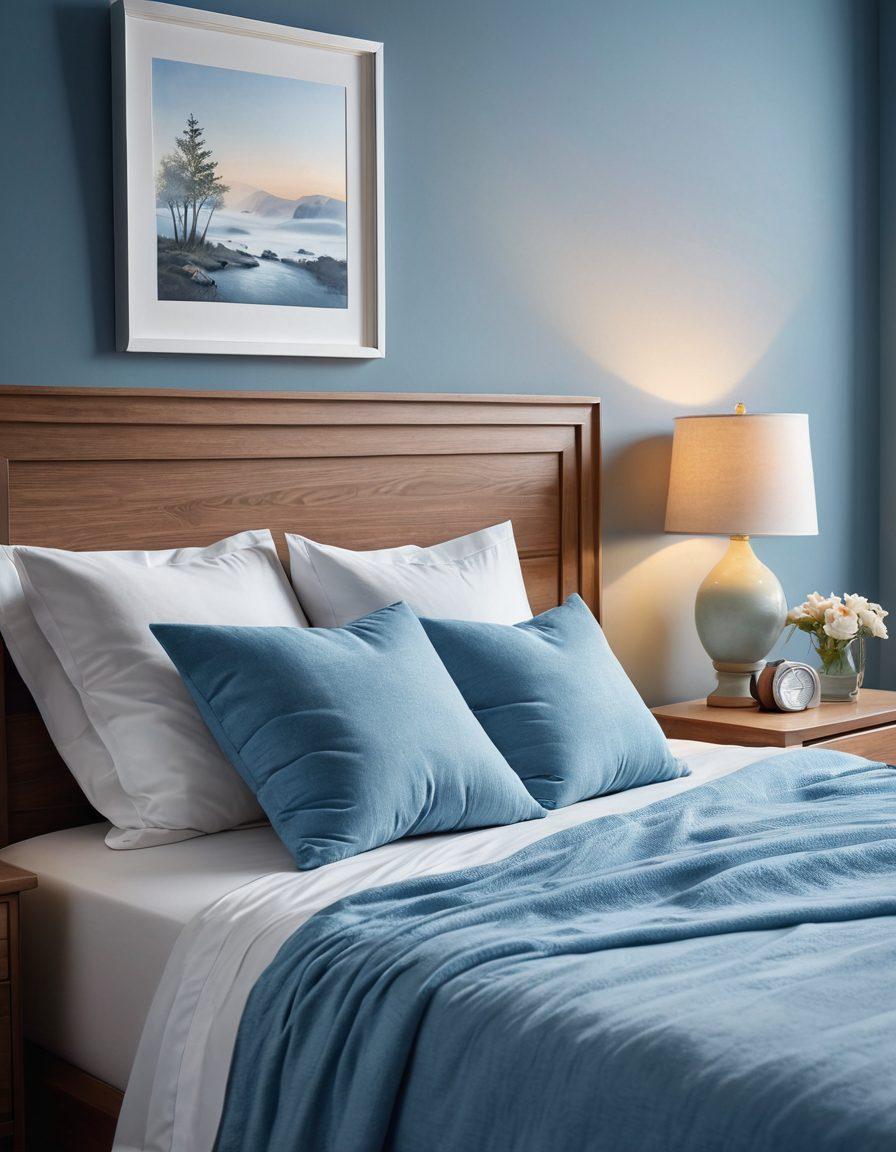 A serene bedroom setting featuring a cozy, inviting bed with a neatly arranged CPAP machine on a nightstand, soft blue hues reflecting on the walls. A person peacefully sleeping, a gentle, glowing mist emanating from the CPAP, symbolizing comfort and health. Artistic illustrations of insurance documents and a checklist subtly integrated into the background, representing coverage and claims. super-realistic. vibrant colors. calming atmosphere.