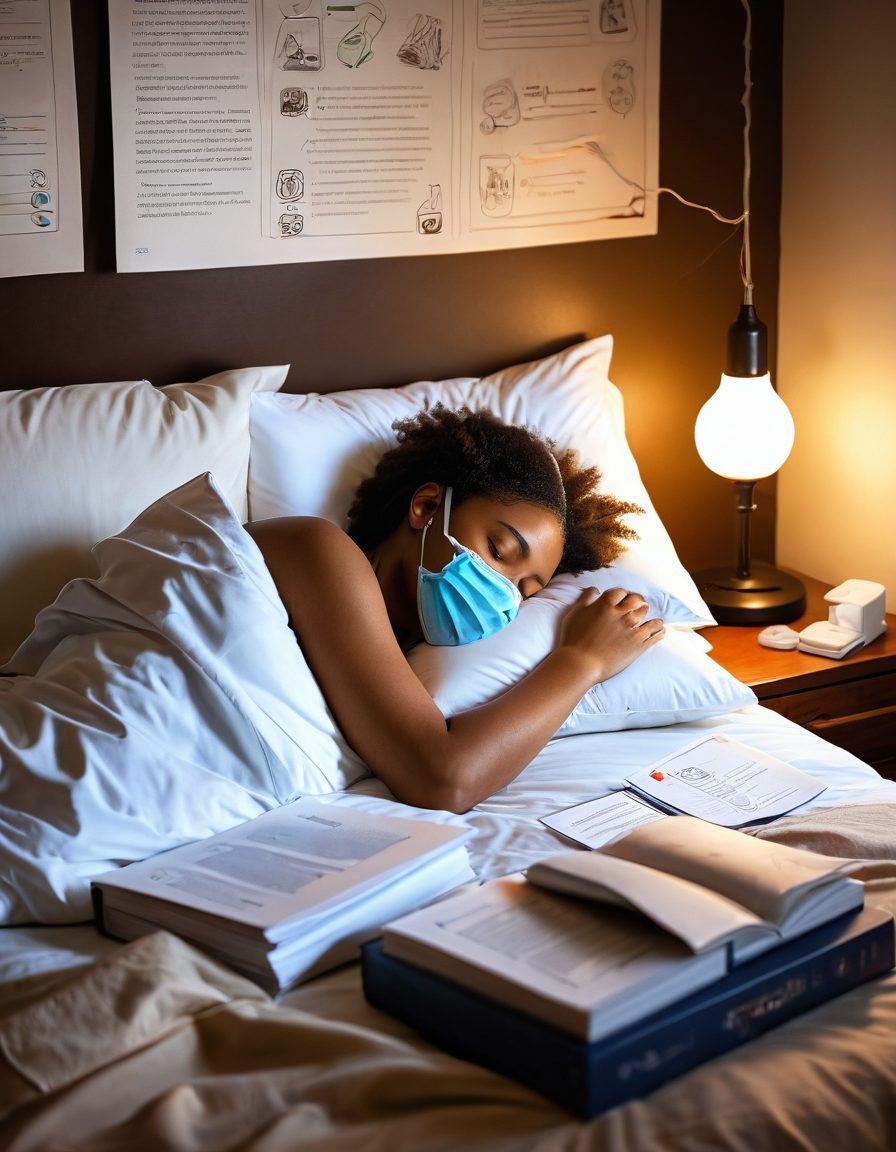 A cozy bedroom scene featuring a person wearing a CPAP mask while sleeping peacefully, surrounded by soft pillows and a gentle night light. Include visual elements representing insurance policies, such as floating documents or icons of healthcare symbols. The ambiance should convey serenity and comfort, emphasizing the importance of sleep health. warm tones. super-realistic.