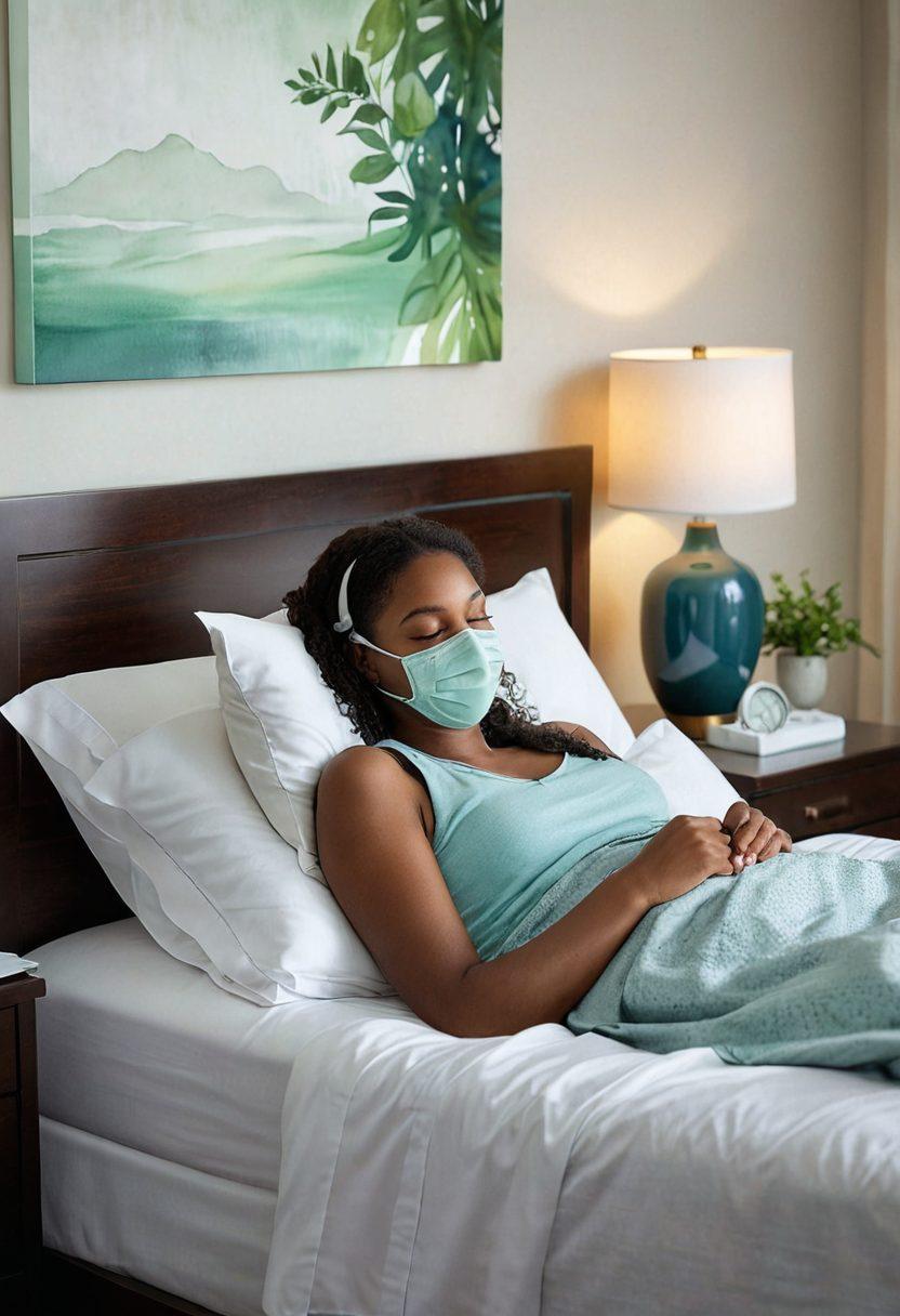 A serene bedroom scene depicting a comfortable bed with a stylish CPAP machine beside it, soft night lights casting a calming glow. Include a thoughtful individual reviewing an insurance policy with a pen in hand, with calming blue and green tones to evoke tranquility. Emphasize the connection between health and insurance, with a subtle overlay of medical icons like sleep masks and insurance documents. super-realistic. soothing colors. cozy atmosphere.